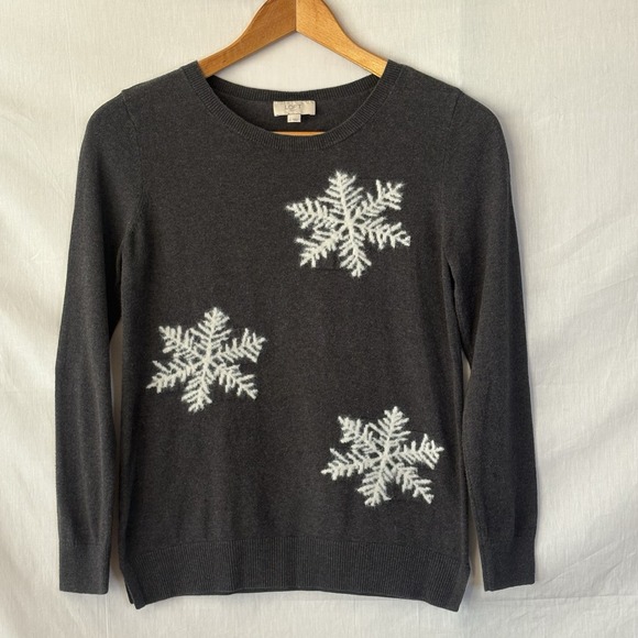 LOFT Sweater Snowflake Knit Charcoal Gray Christmas Pullover Cotton Women's S - Picture 2 of 6